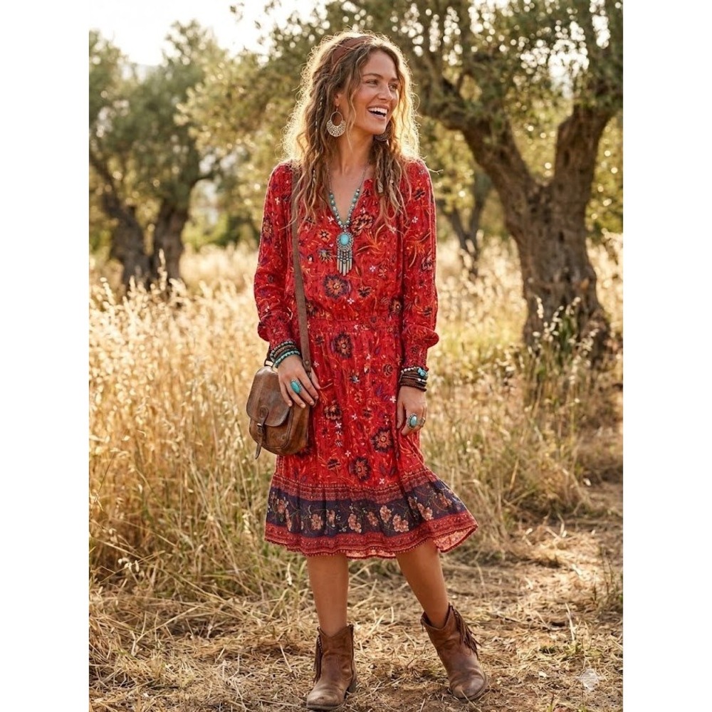Old Navy Red Floral Boho Midi Dress Smocked Long Sleeve V-Neck Rayon Size M